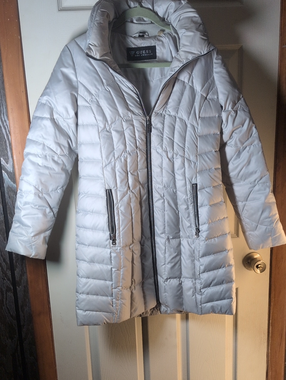 GUESS Light Gray Quilted Puffer Coat with High Collar